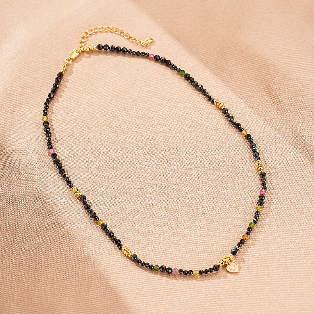 Tourmaline and Black Spinel Necklace Jewelry – Heart Talisman, Gold Plated Silver
