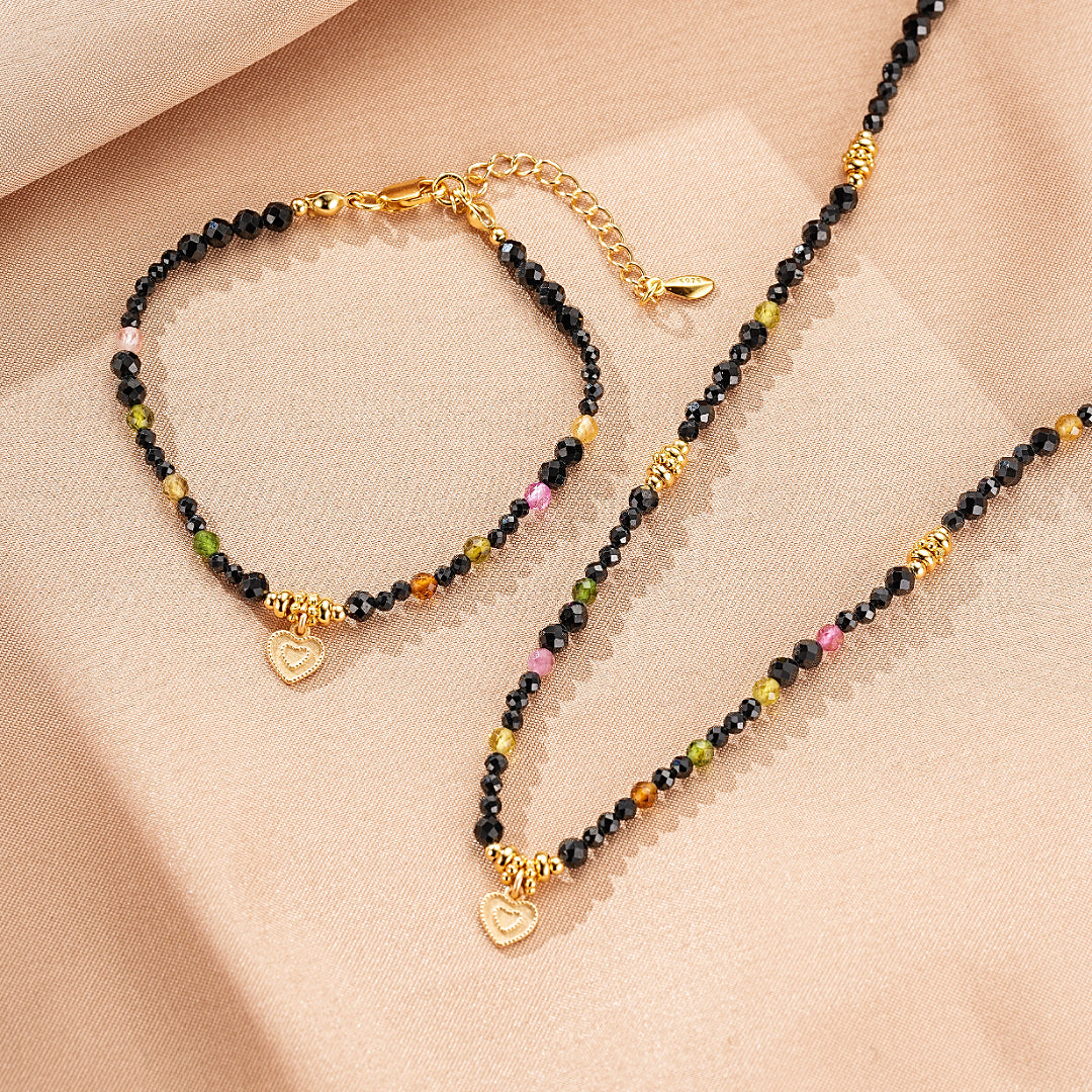 Tourmaline and Black Spinel Necklace Jewelry – Heart Talisman, Gold Plated Silver