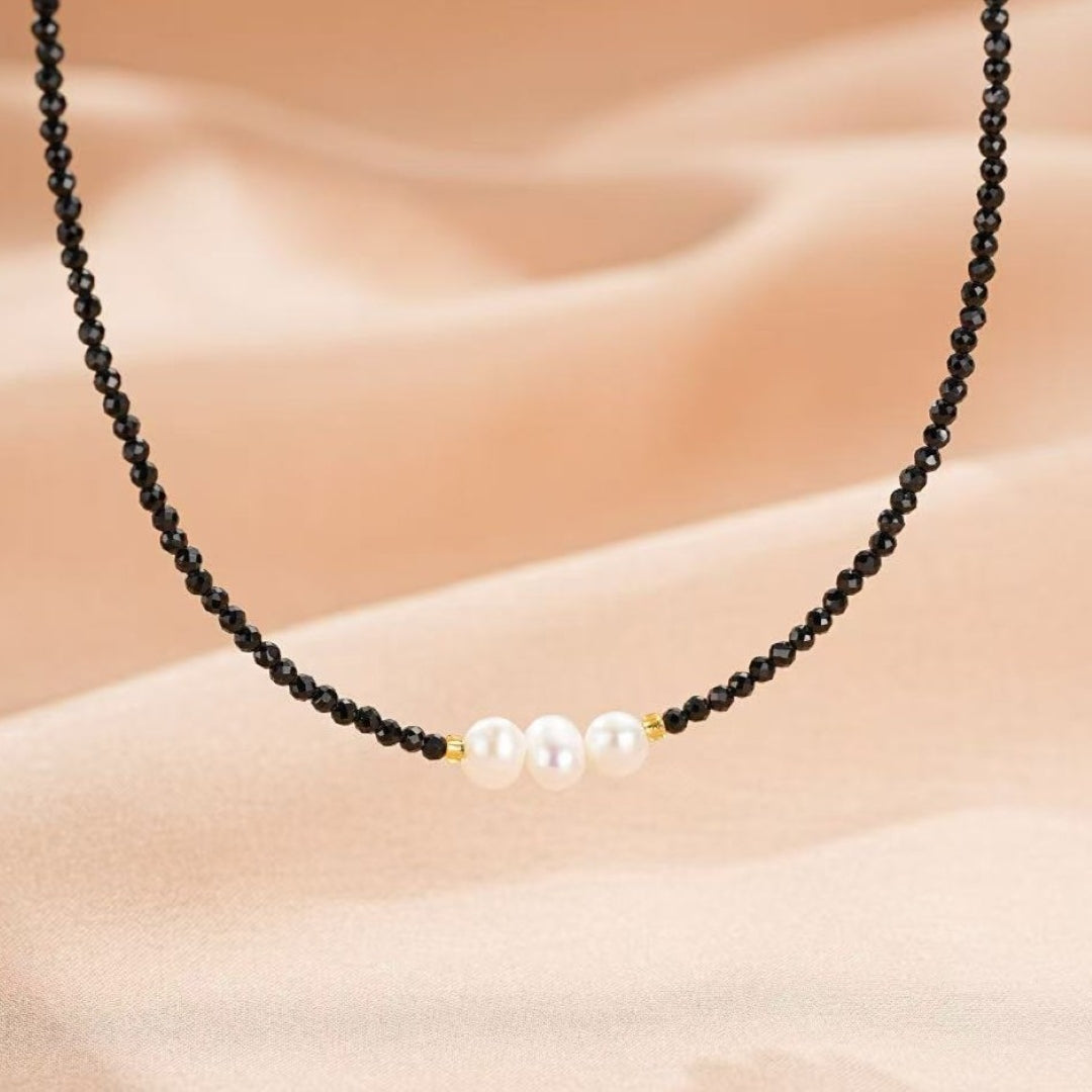 Collier Tourmaline Noire et Perles – Harmonie Sombre, Argent