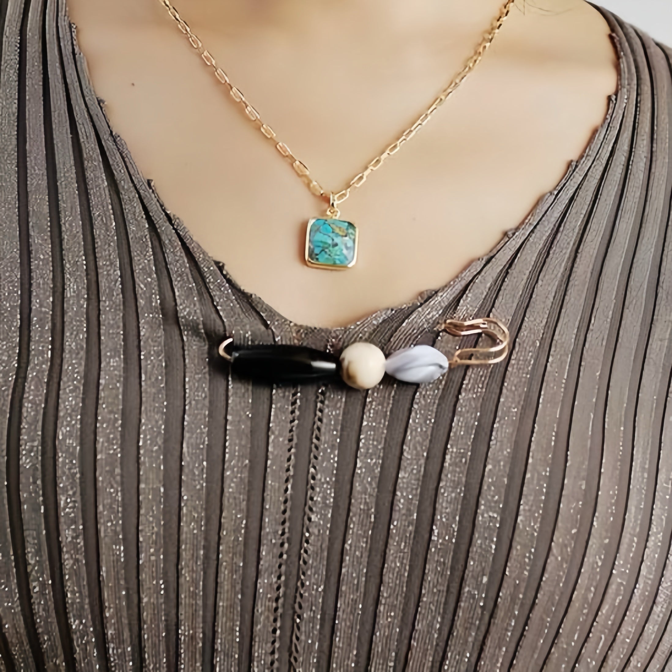 Turquoise Necklace – Cyan Square, Gold Plated Silver