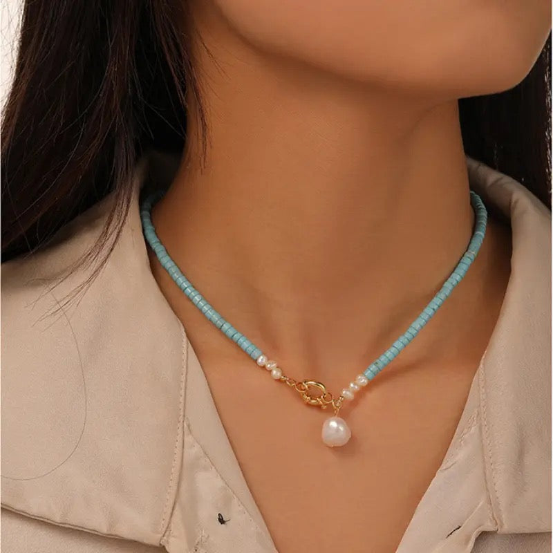 Collier Turquoise et Perle – Beauté d'Océan, Argent Plaqué Or