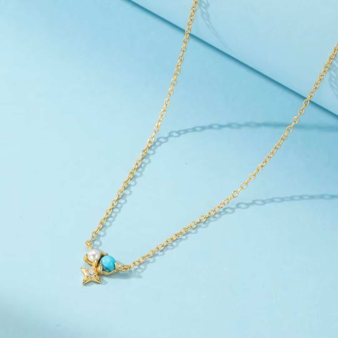 Collier Turquoise et Perle – Oracle des Vagues, Argent Plaqué Or