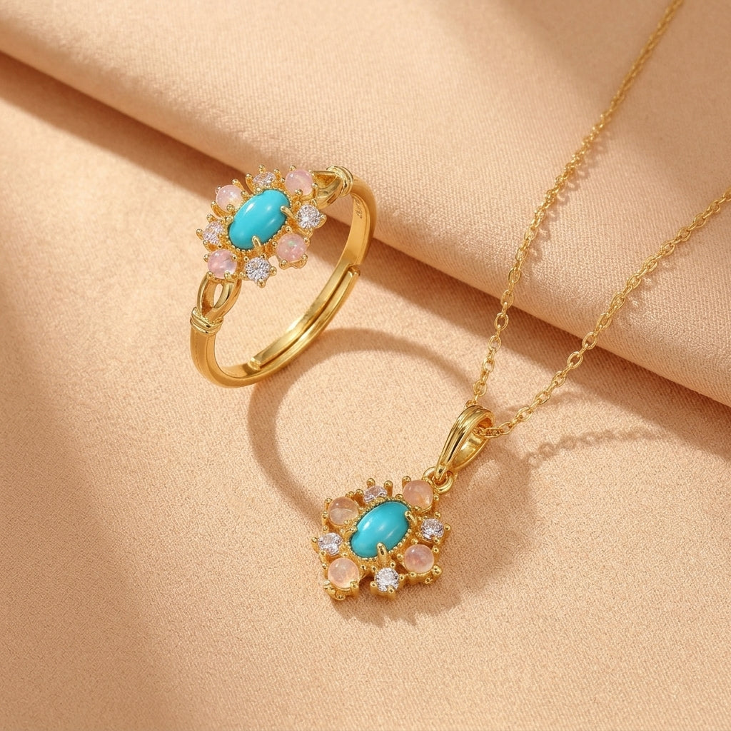 Bague Turquoise, Opale et Topaze – Transe Azur, Argent Plaqué Or 14K