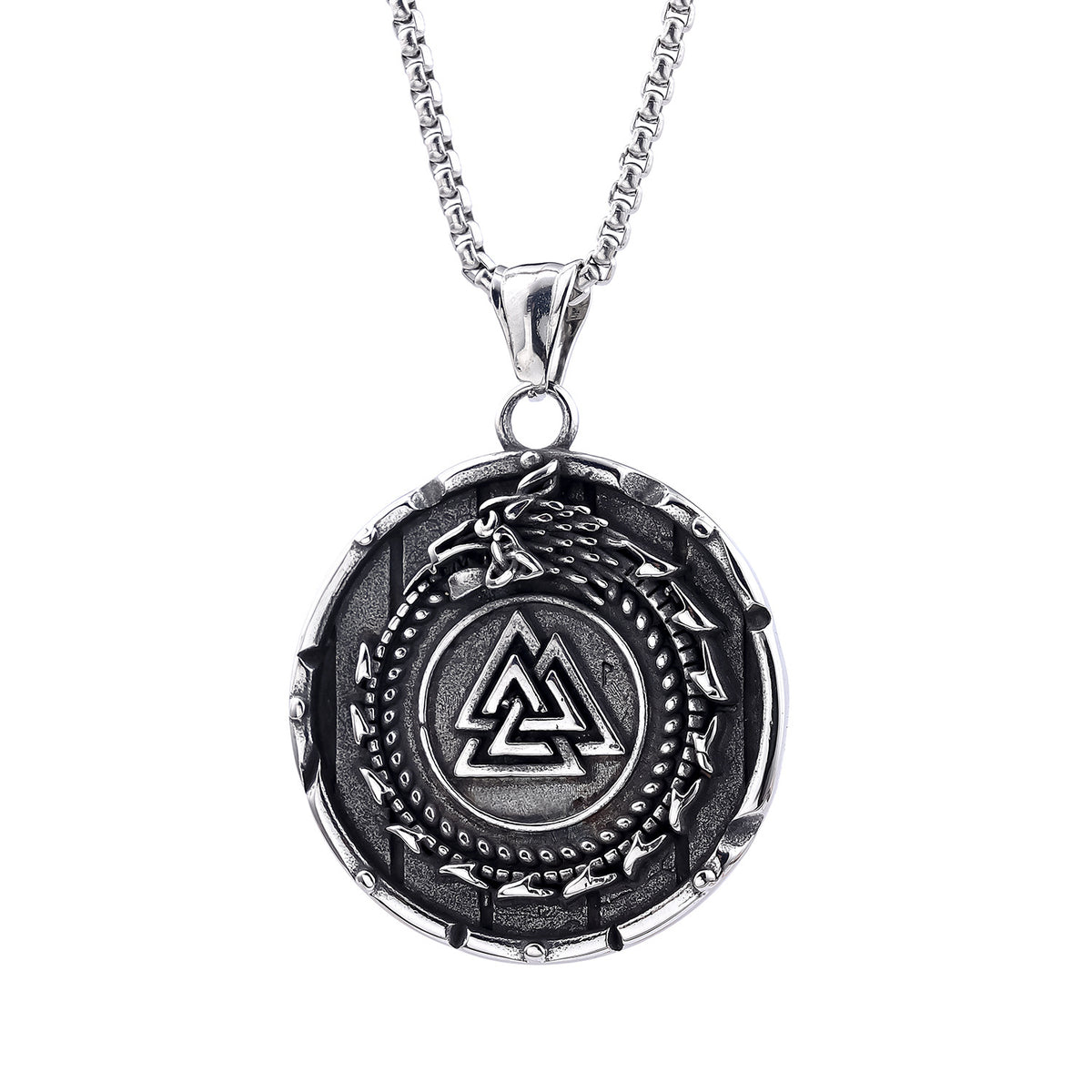 Collier Viking Force Viking en acier inoxydable avec pendentif rond représentant le symbole Valknut entouré d'un loup Fenrir