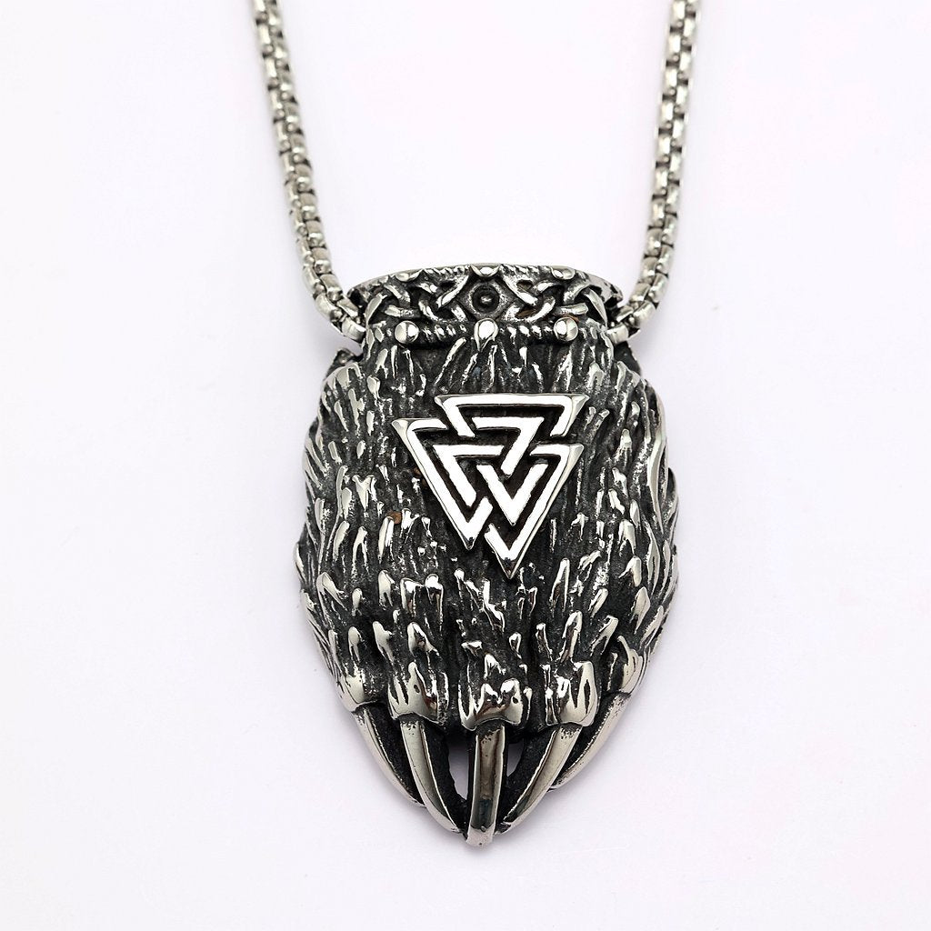 Collier Viking Griffe Nordique en acier inoxydable avec pendentif patte d'ours et symbole Valknut gravé
