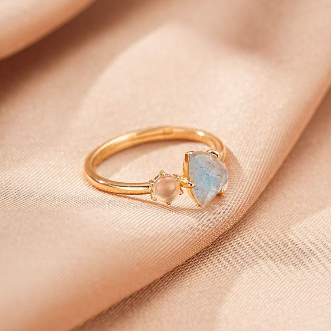 Bague Labradorite et Perle – Élégance Céleste, Argent Plaqué Or 10K