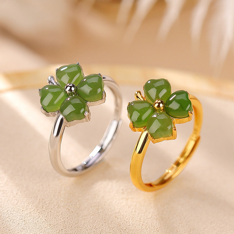 Bague Jade et Trèfle – Chance et Amour, Argent Plaqué or