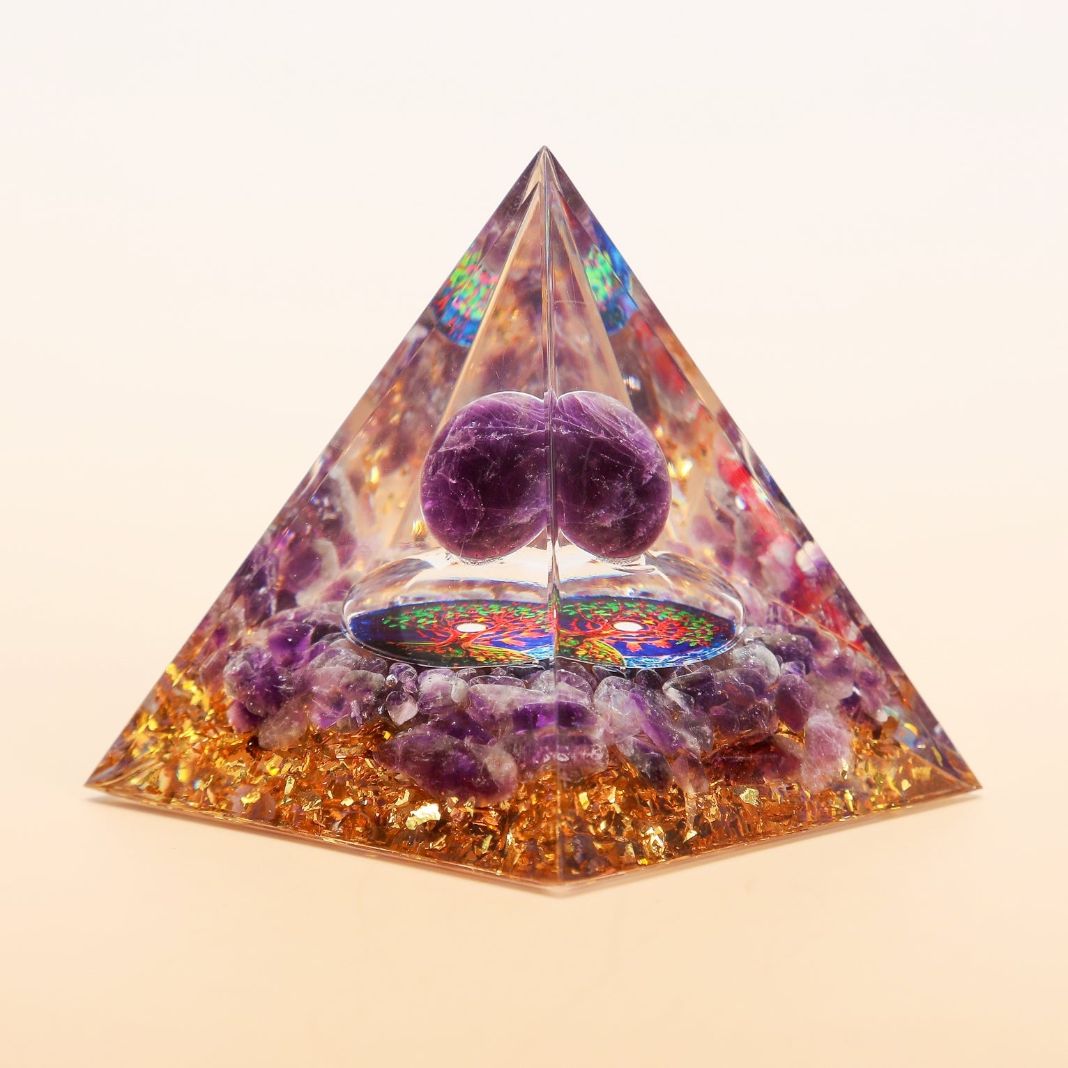 Éclat Spirituel – Pyramide Orgonite Arbre de Vie en Améthyste