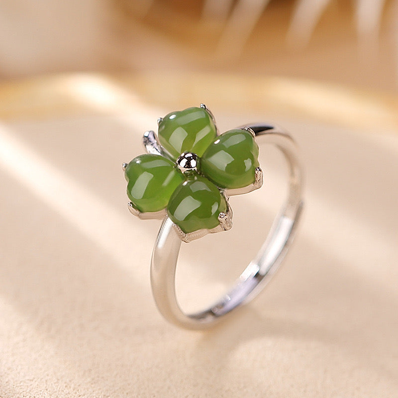 Bague Jade et Trèfle – Chance et Amour, Argent Plaqué or