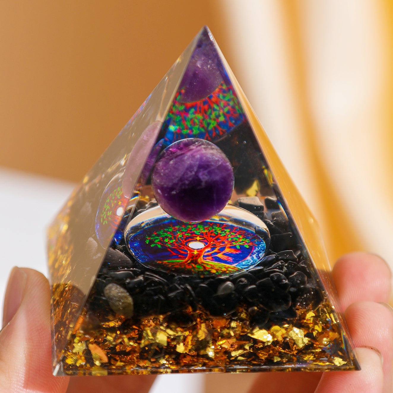 Force Spirituelle – Pyramide Orgonite Arbre de Vie en Obsidienne et Améthyste