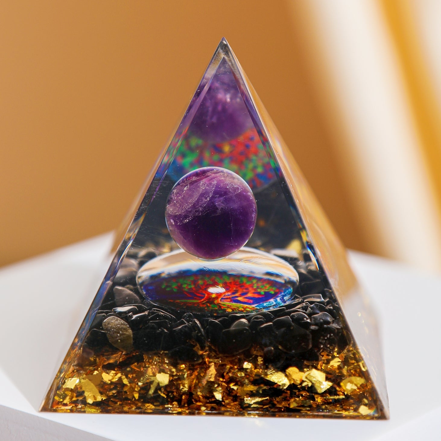 Force Spirituelle – Pyramide Orgonite Arbre de Vie en Obsidienne et Améthyste