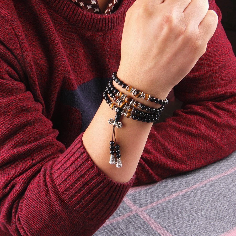 Mâlâ 'Tigridienne' 108 Beads in Obsidian, Tiger's Eye or Agate