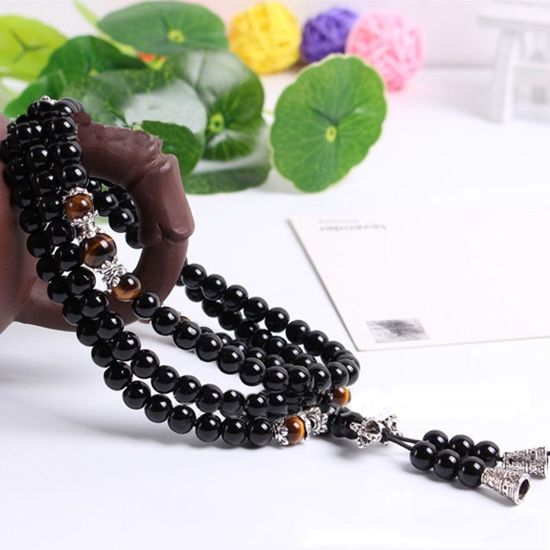 Mâlâ 'Tigridienne' 108 Beads in Obsidian, Tiger's Eye or Agate