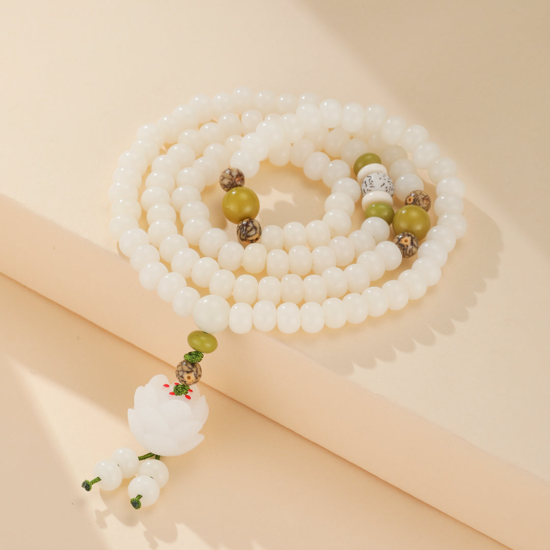 Mâlâ Jade et Graine de Bodhi – Fleur de Jade, 108 Perles