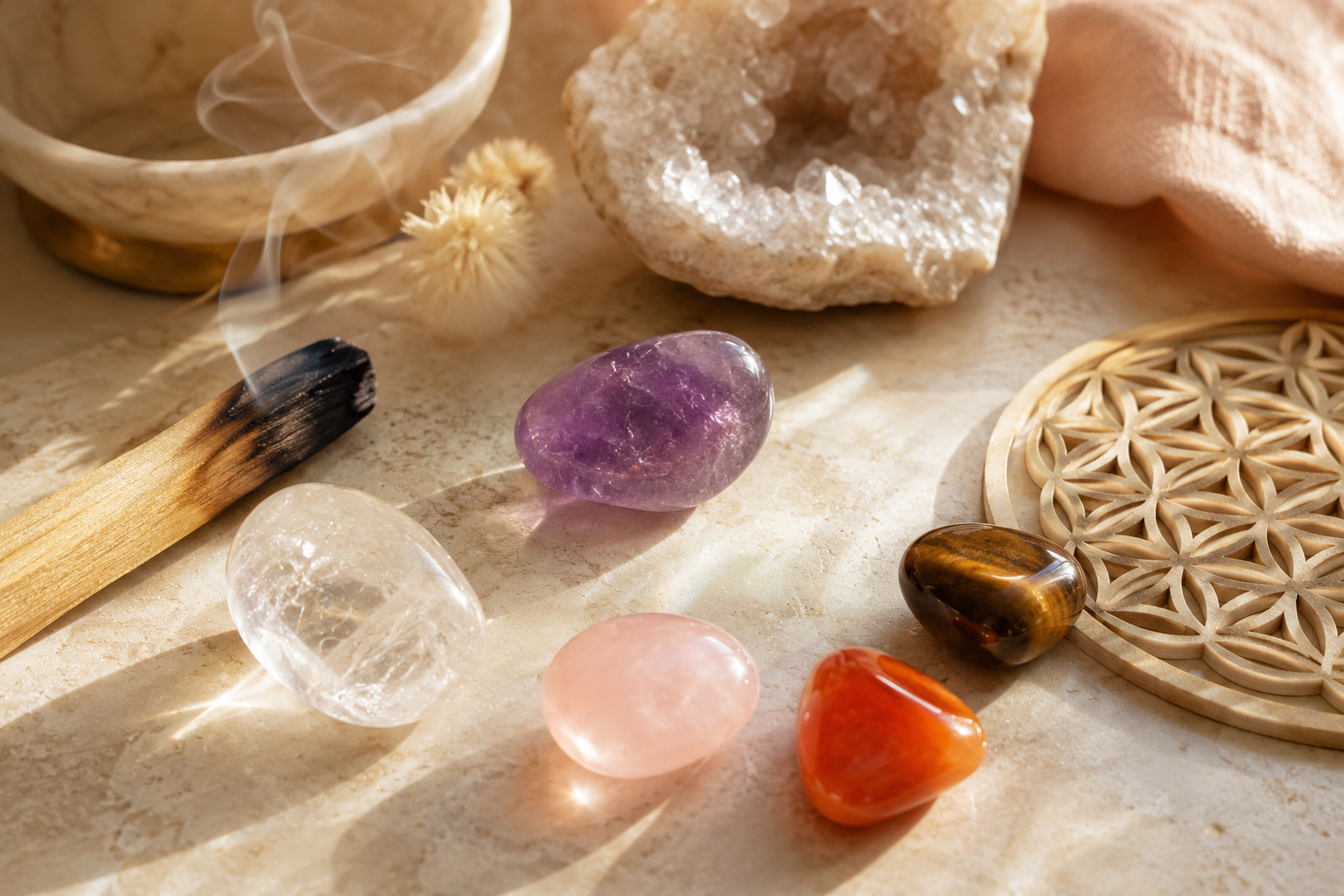 Pierres naturelles, améthyste, quartz rose, cristal de roche, cornaline et œil de tigre, disposées sur un travertin beige avec Palo Santo fumant, géode de quartz et disque Fleur de Vie.