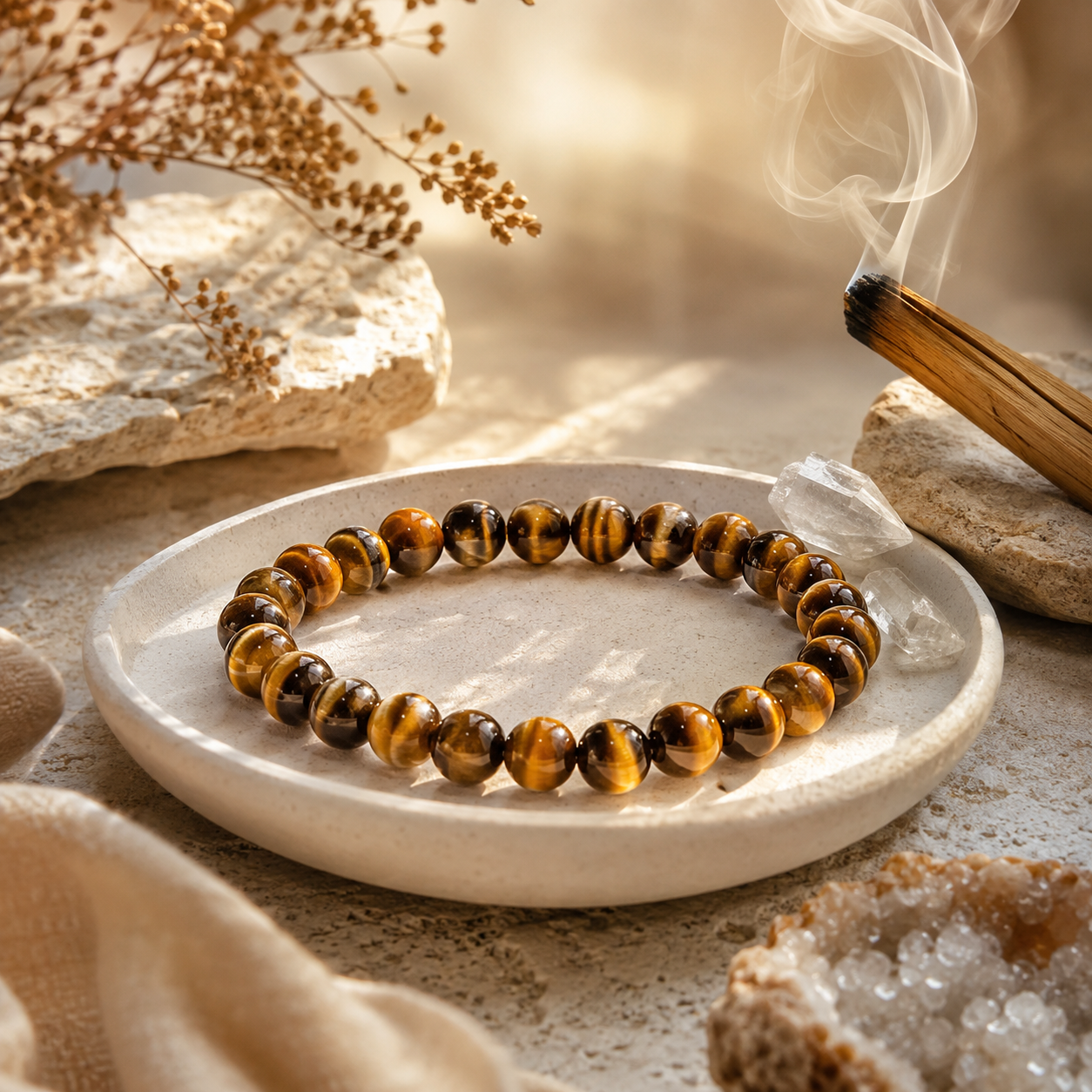 Bracelet en œil de tigre avec cristaux de quartz et palo santo, rituel de purification et rechargement énergétique.