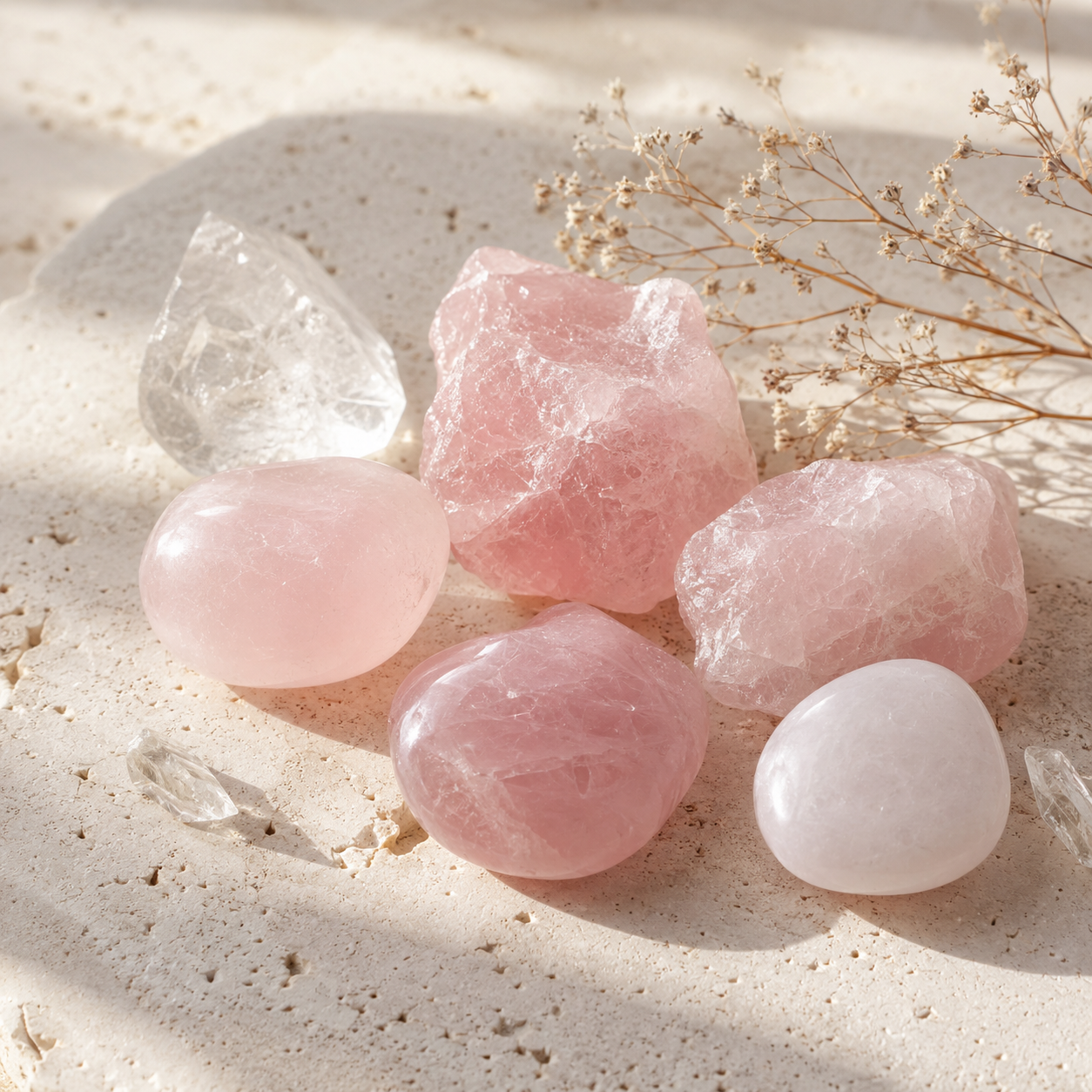Pierres de quartz rose polies et brutes, aux nuances rose pâle et blanc laiteux, disposées sur un travertin beige avec cristaux de quartz et branche séchée dans une ambiance douce et lumineuse.