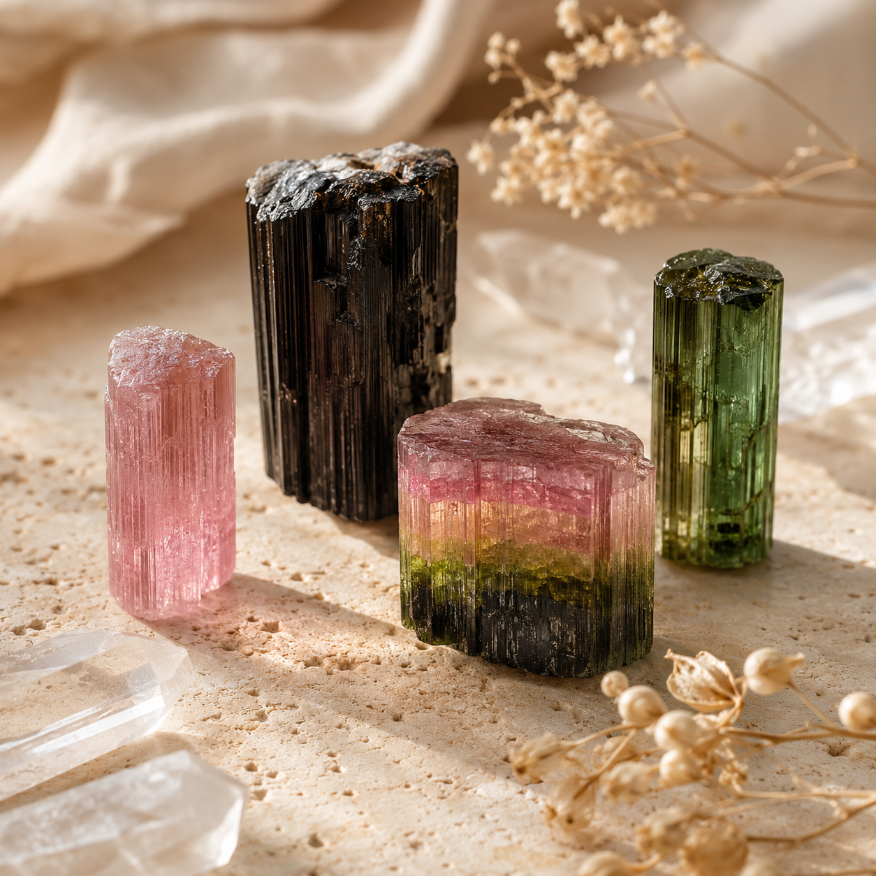Cristaux de tourmaline noire, rose, verte et multicolore disposés sur une surface en travertin beige avec cristaux de quartz, dans une ambiance zen et lumineuse.