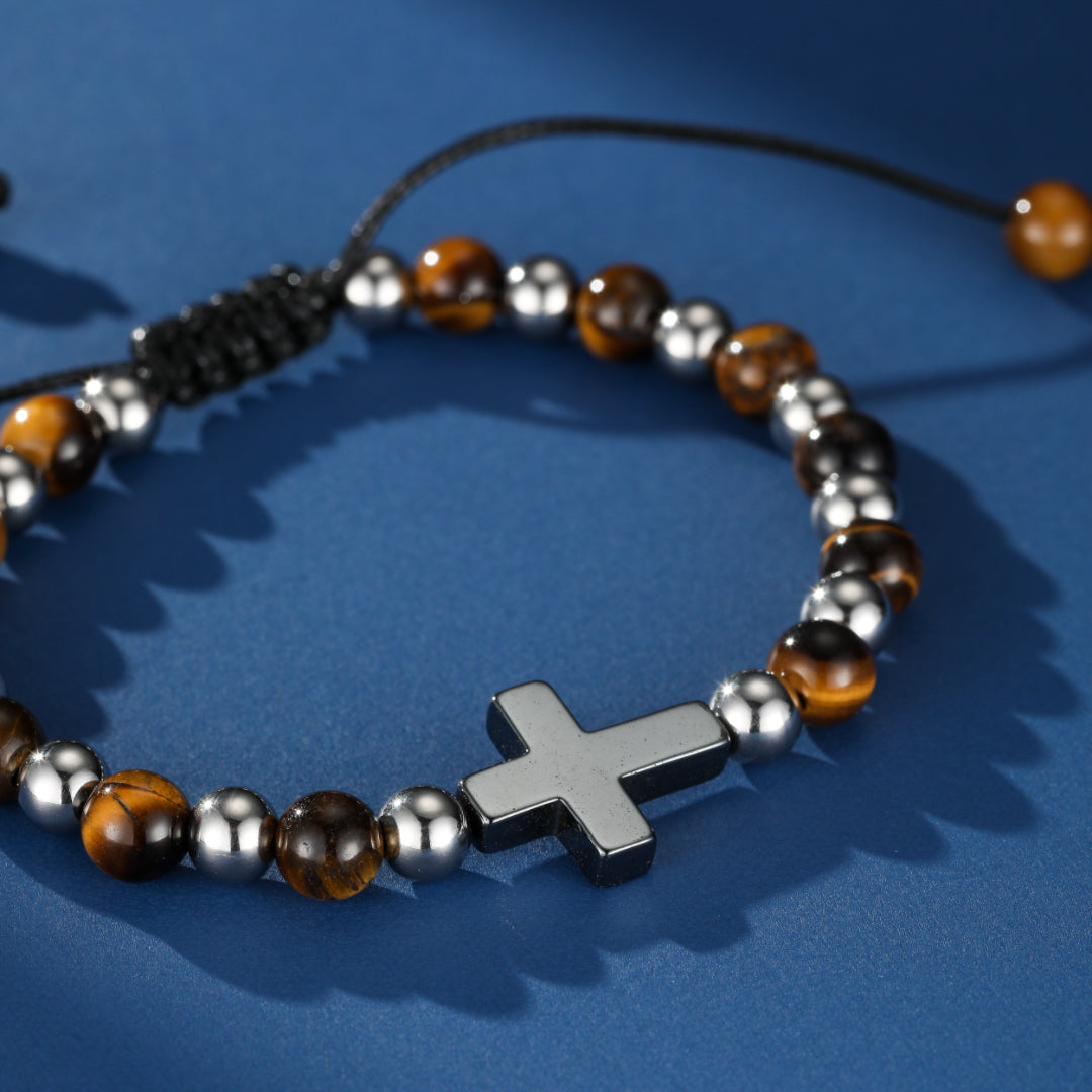 Bracelet Homme Œil de Tigre et Hématite – Croix de Foi