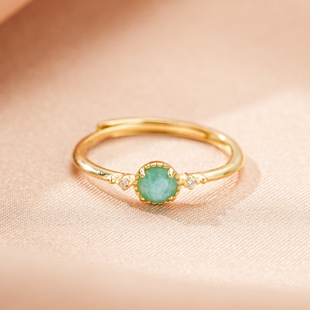 Bague Amazonite – Halo Radieux, Argent Plaqué Or