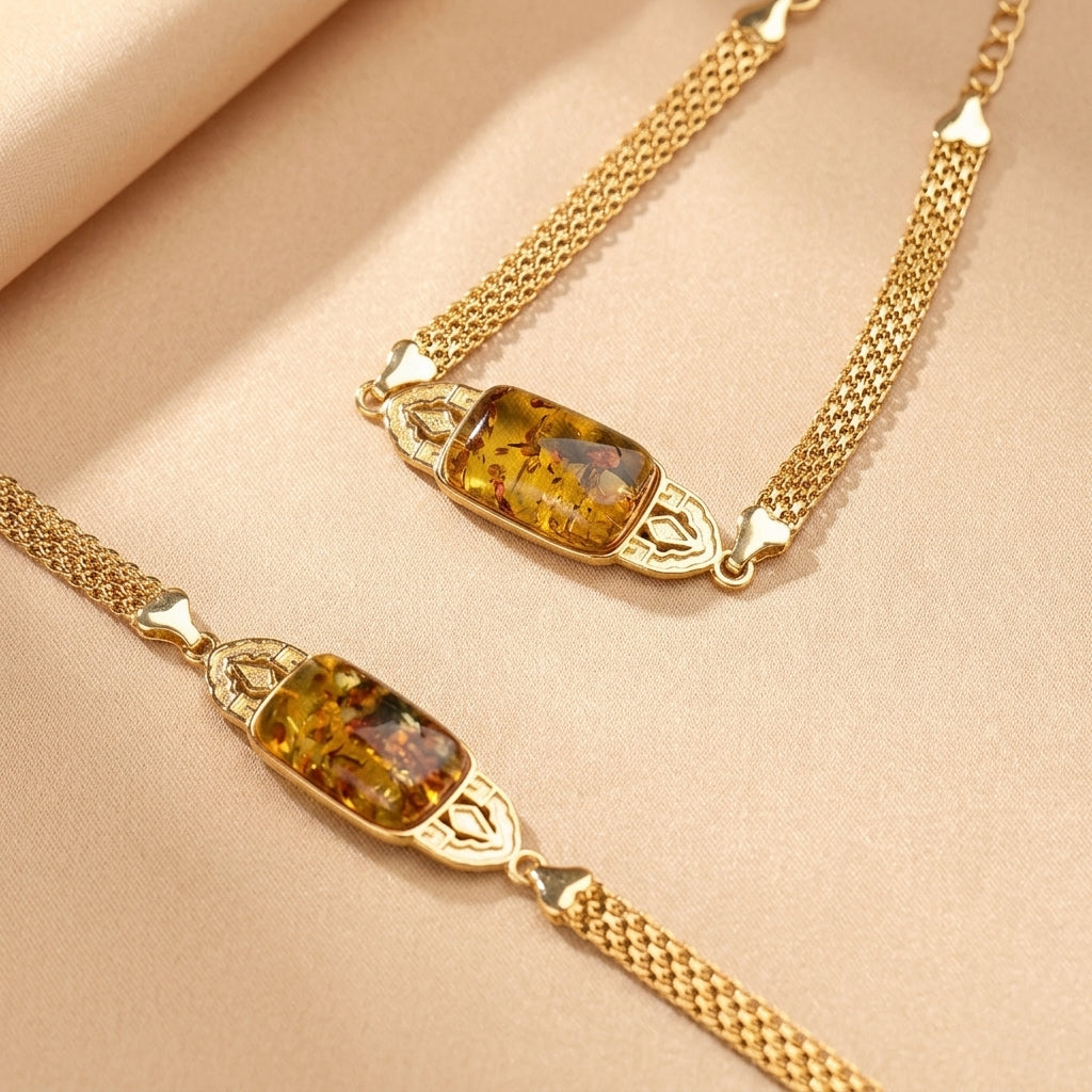 Bracelet Ambre – Feu Ancestral, Argent Plaqué Or
