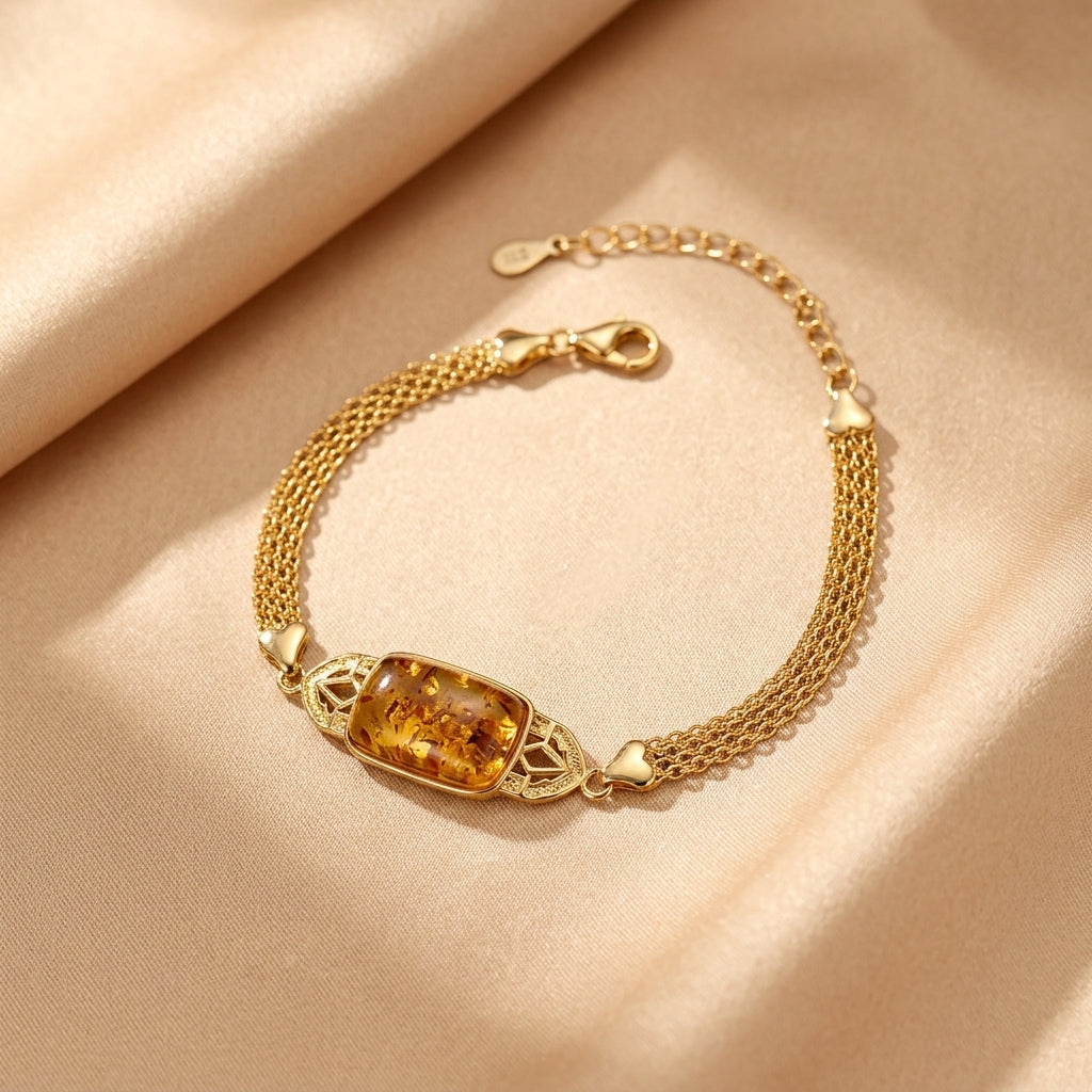 Bracelet Ambre – Feu Ancestral, Argent Plaqué Or