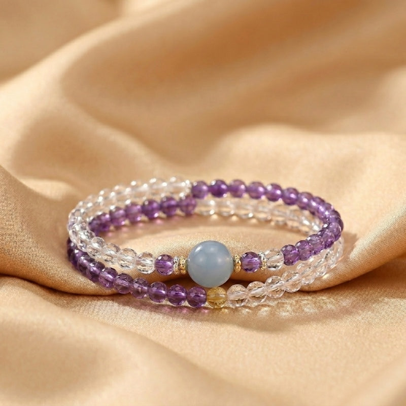 Bracelet Améthyste, Cristal de Roche et Aigue-marine – Harmonie Céleste