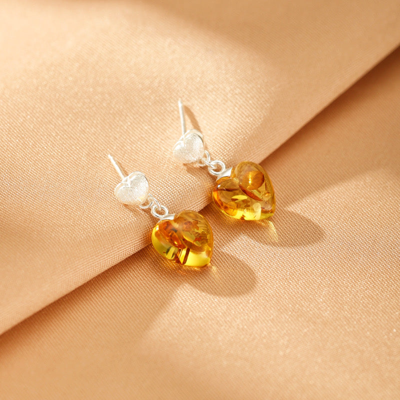 Boucles d'Oreilles Ambre – Cœur Solaire, Argent