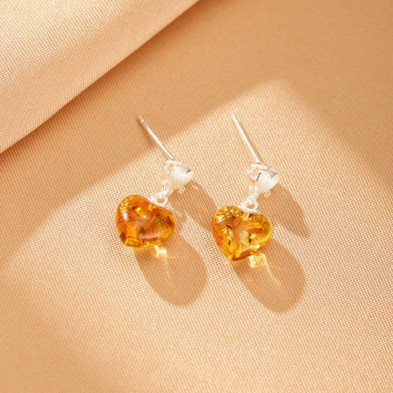 Boucles d'Oreilles Ambre – Cœur Solaire, Argent