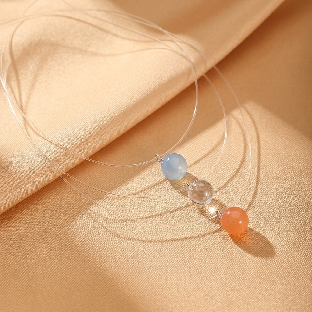 Collier Flottant Quartz Clair, Aigue-Marine et Agate – Fil de Lumière, Argent