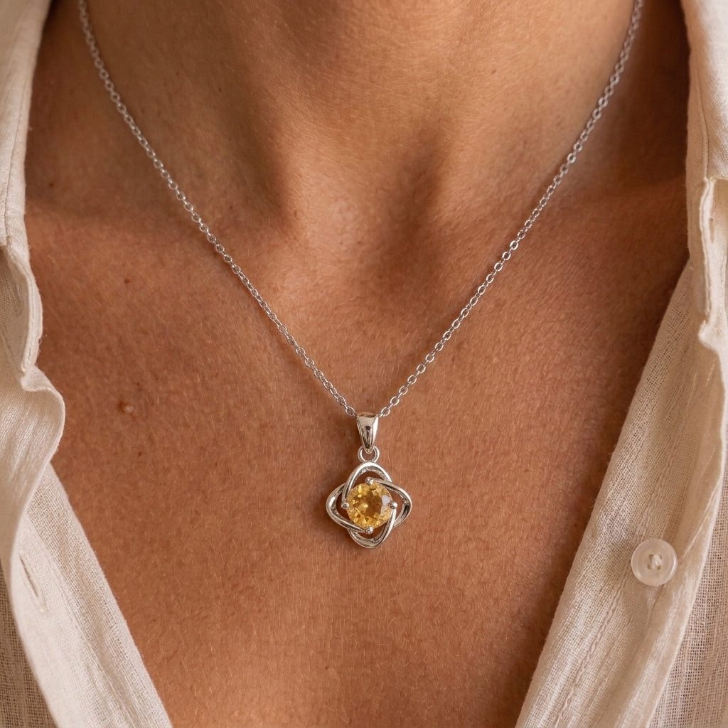 Collier Citrine – Trèfle Solaire, Argent