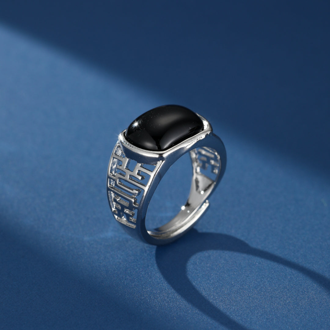 Bague Homme Obsidienne – Carré de Sagesse, Argent