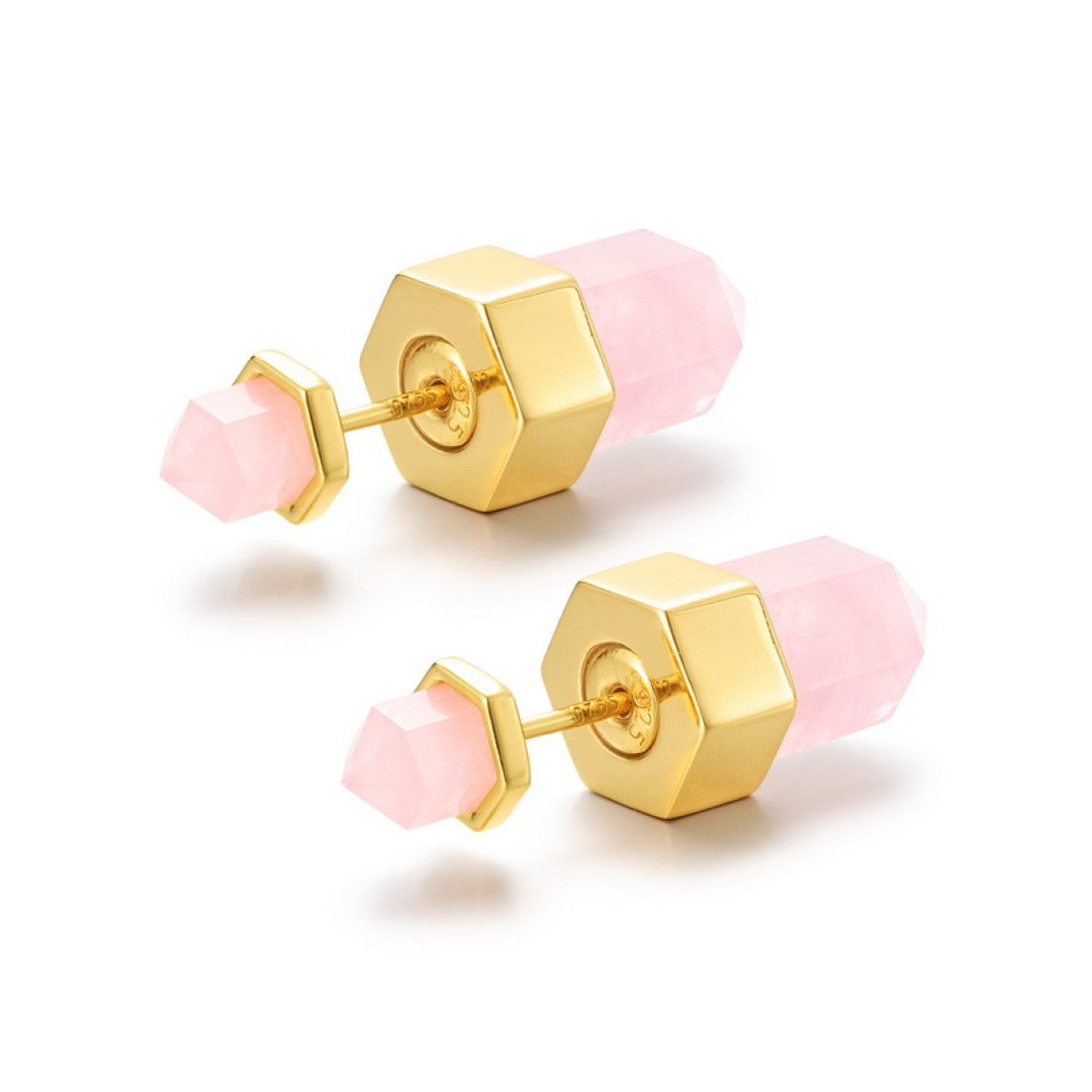 Boucles d’oreilles Quartz Rose – Point de Lumière, Argent Plaqué Or 10K