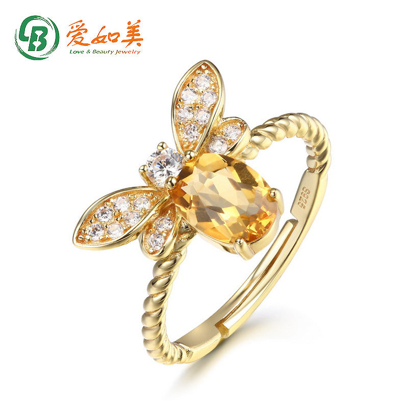 Bague Citrine – Libellule Solaire, Argent Plaqué Or 14K