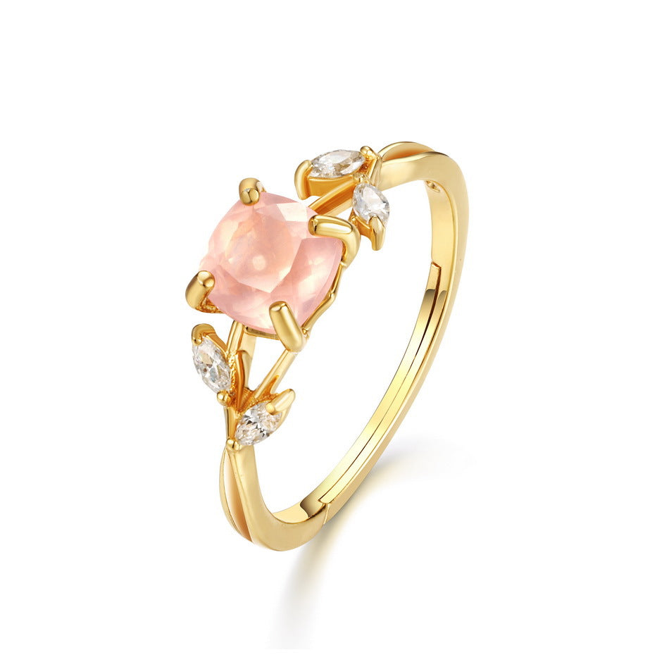 Bague Quartz Rose – Élégant Feuillu, Argent Plaqué Or