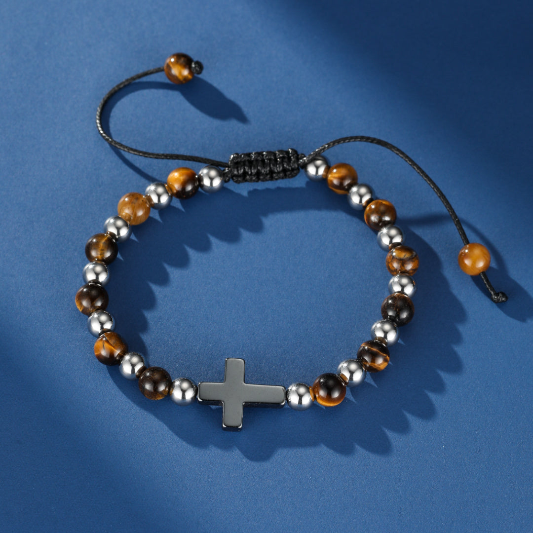 Bracelet Homme Œil de Tigre et Hématite – Croix de Foi