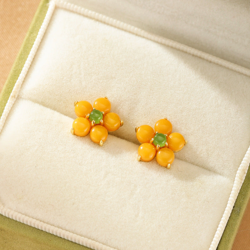 Boucles d'Oreilles Ambre – Fleur Lumineuse, Argent Plaqué Or