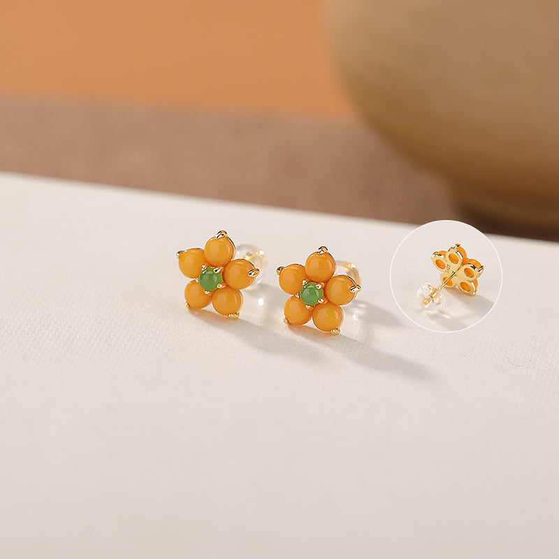 Boucles d'Oreilles Ambre – Fleur Lumineuse, Argent Plaqué Or