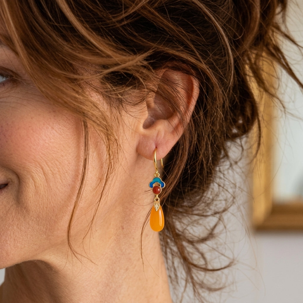 Boucles d'Oreilles Ambre – Crépuscule d’Or, Argent Plaqué Or