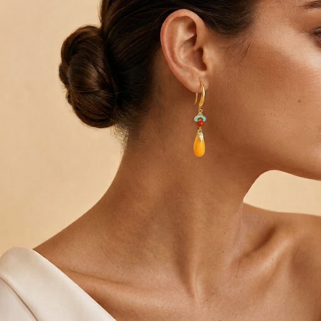 Boucles d'Oreilles Ambre – Crépuscule d’Or, Argent Plaqué Or