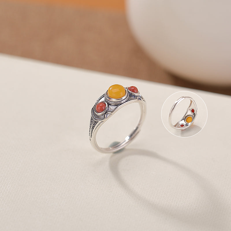 Bague Ambre - Trésor Ancien, Argent Plaqué Or