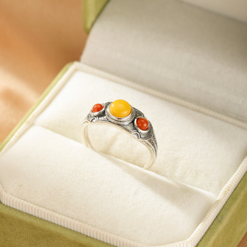 Bague Ambre - Trésor Ancien, Argent Plaqué Or