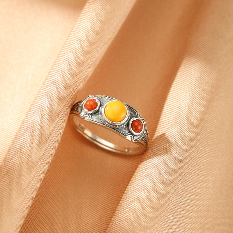Bague Ambre - Trésor Ancien, Argent Plaqué Or