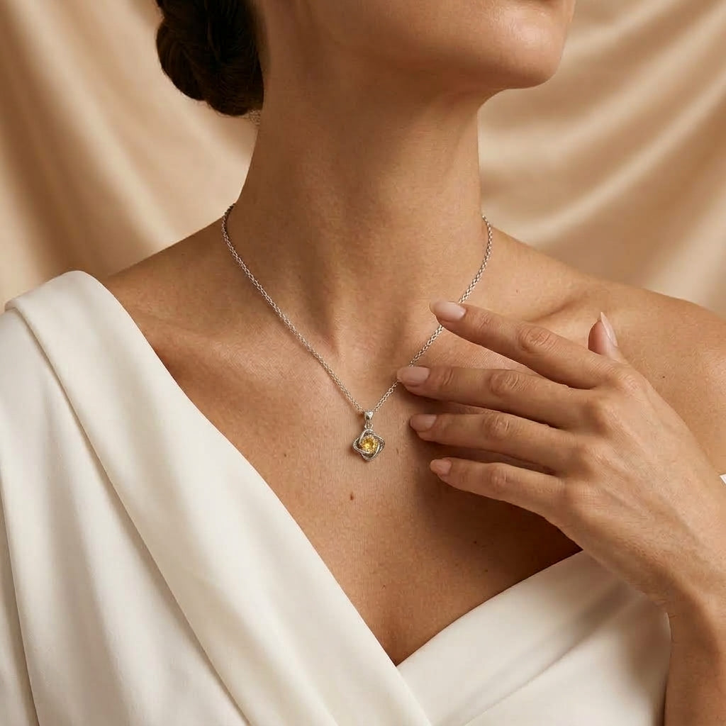 Collier Citrine – Trèfle Solaire, Argent