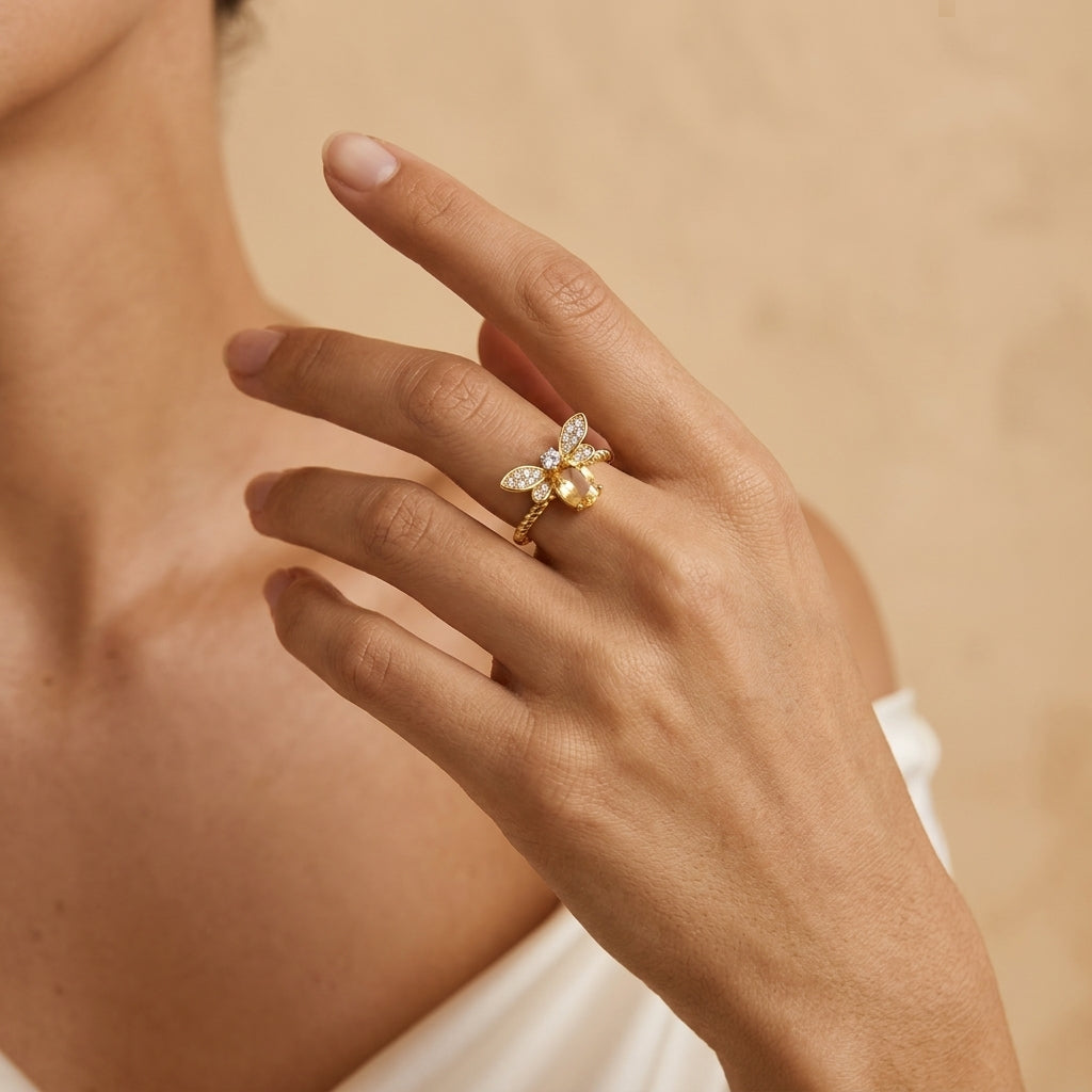 Bague Citrine - Vol Lumineux, Argent Plaqué Or 14K