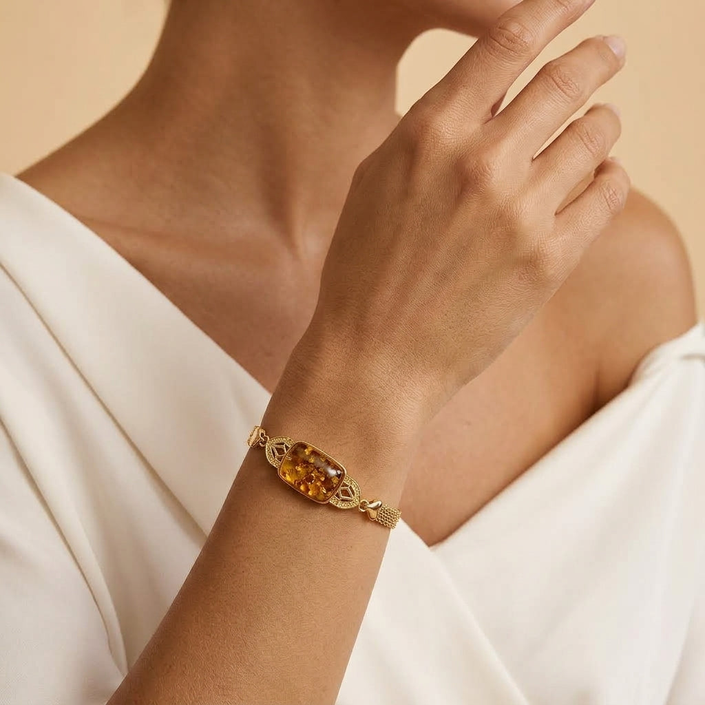 Bracelet Ambre – Feu Ancestral, Argent Plaqué Or