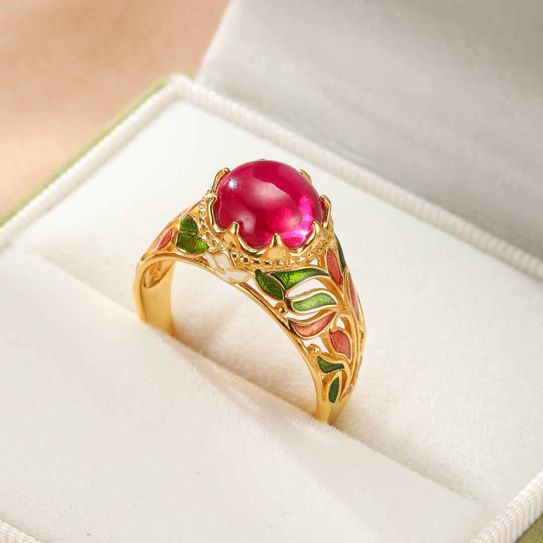 Bague Cornaline – Feuillage Impérial, Argent Émaillé