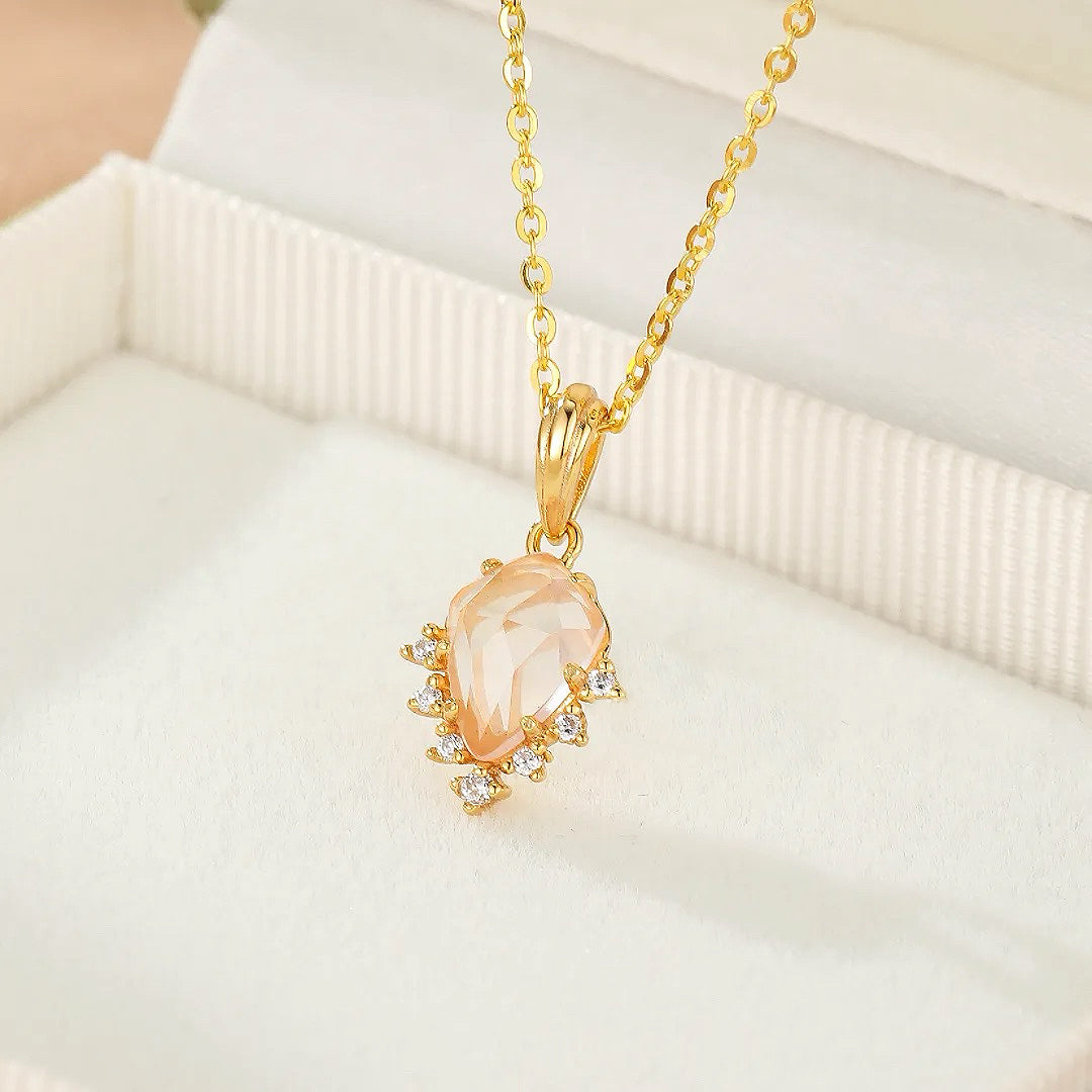 Collier Quartz Rose – Goutte Étoilée, Argent Plaqué Or 9K