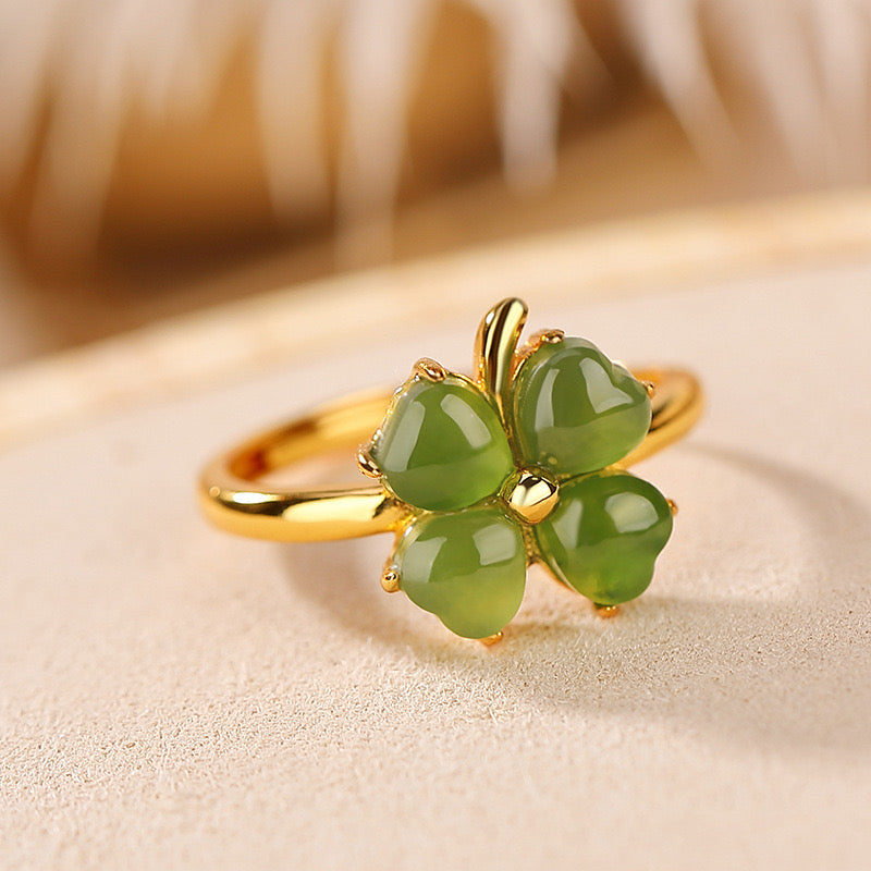 Bague Jade et Trèfle – Chance et Amour, Argent Plaqué or