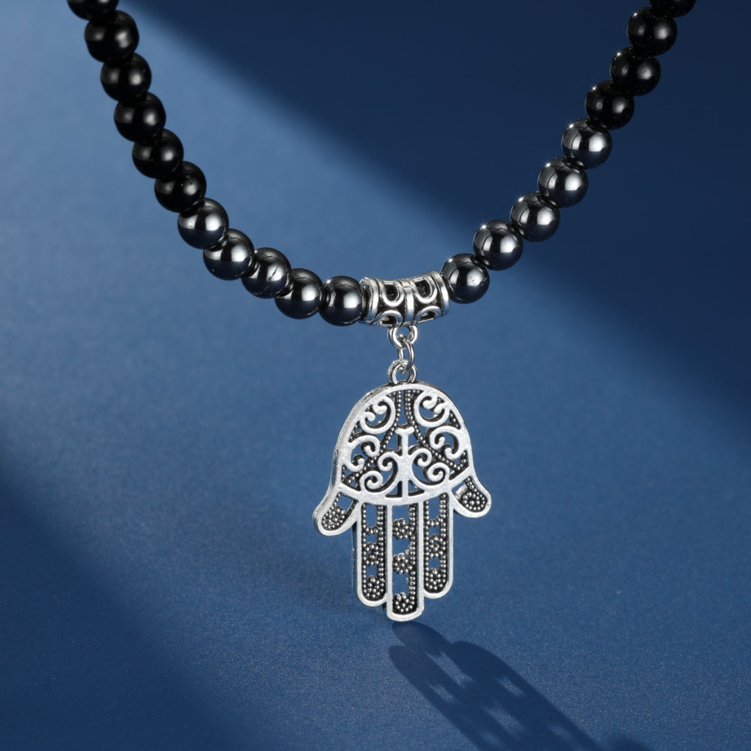 Collier Homme Hématite et Obsidienne – Main Mystique